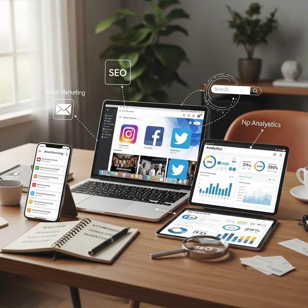Digital marketing workspace showing social media, SEO and analytics dashboards across devices