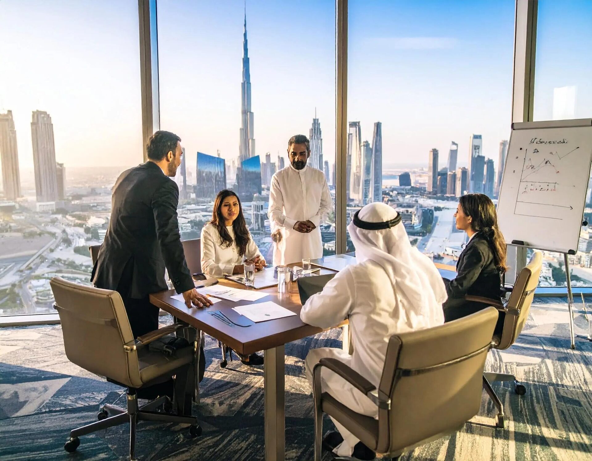 Business strategy meeting overlooking the Dubai skyline and Burj Khalifa